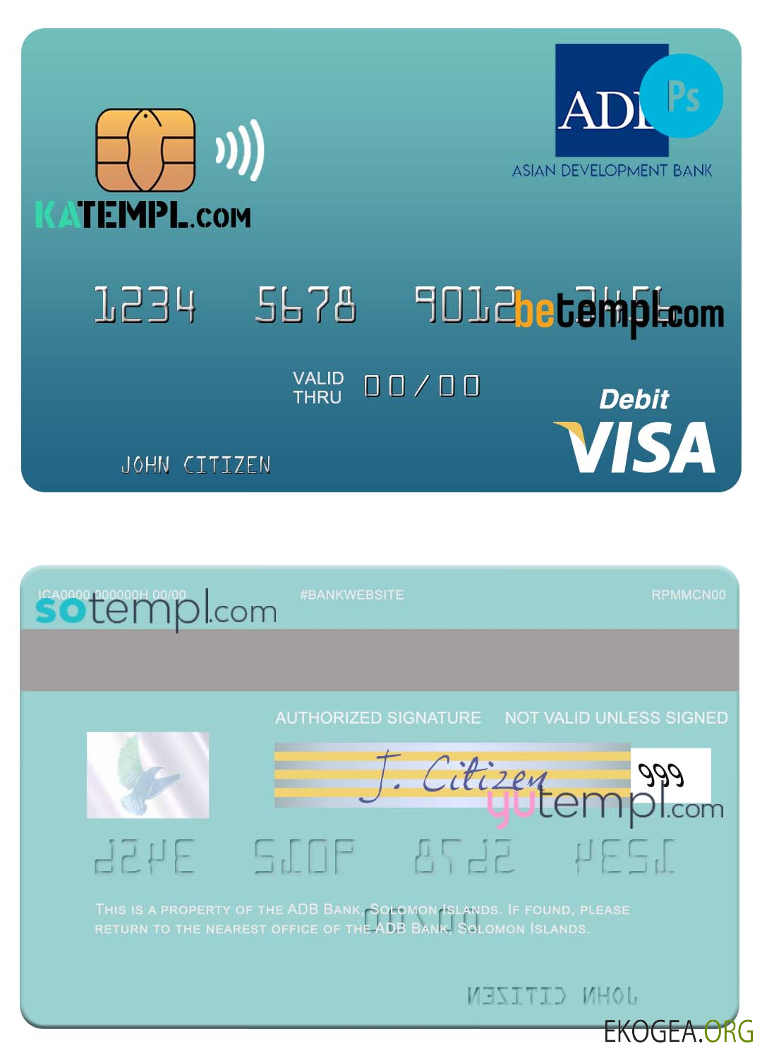 Modèle de carte de débit visa ADB Bank des Îles Salomon au format PSD